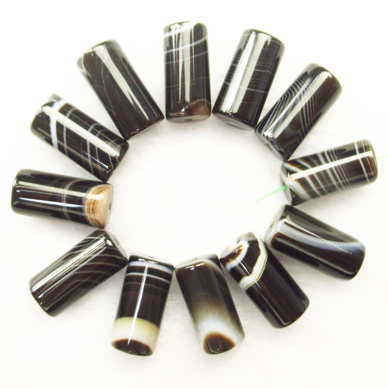 12Pcs Black White Onyx Agate 16x8mm Column Pendant Beads D95981