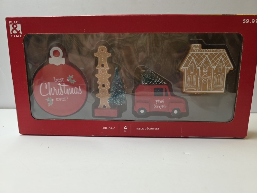 PLACE & TIME CHRISTMAS TRAY TABLETOP WOOD DECOR GINGERBREAD HOUSE CAR TREE SET