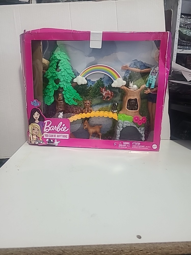 Barbie Wilderness Guide Playset with Blonde Doll Tree Animals New Dented Box
