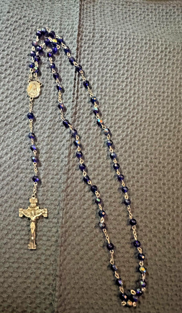 Vtg Sterling Silver & Blue Glass  5 Decade Scapular Rosary - Creed Italy