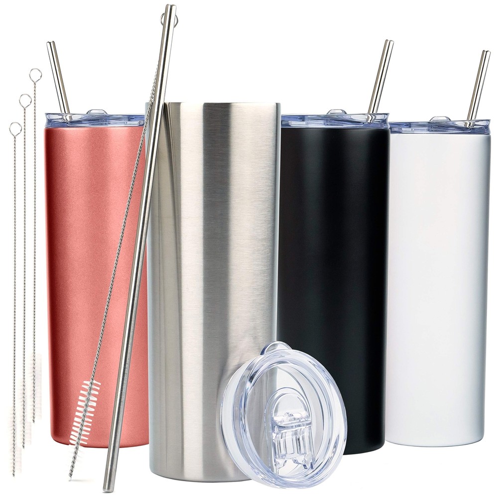 Multicolor Skinny Tumbler With Lid And Straw 4 Pack 20 Oz Double Wall Insulate