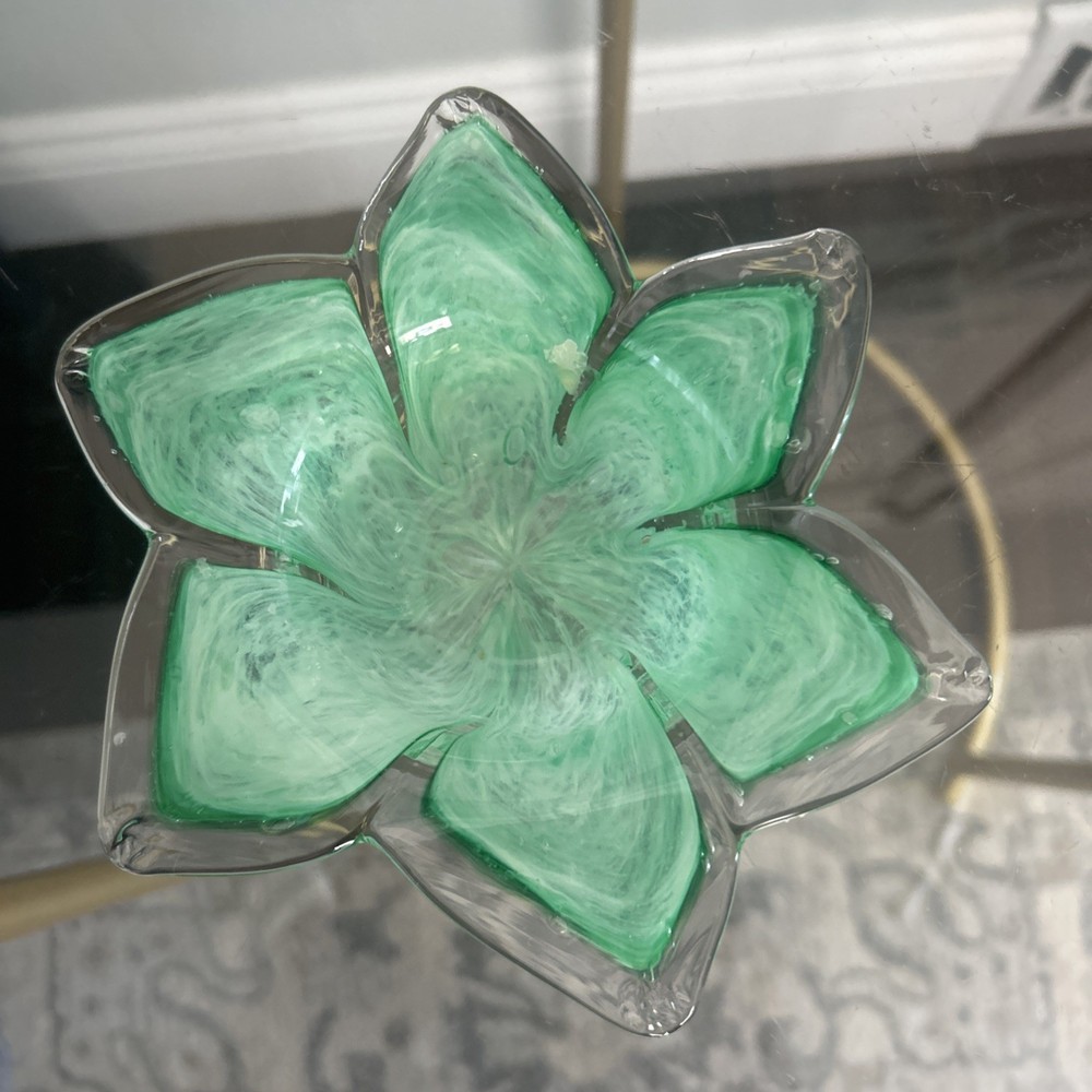 Murano Italy Art Glass Flower Trinket Candy Dish Candle Holder, Green