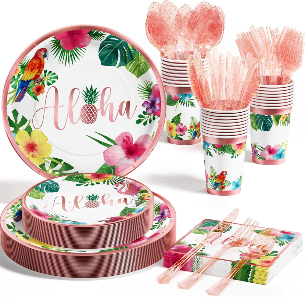 Party Supplies Kit for 25-Aloha Hawaiian Party Decorations with Disposable Paper