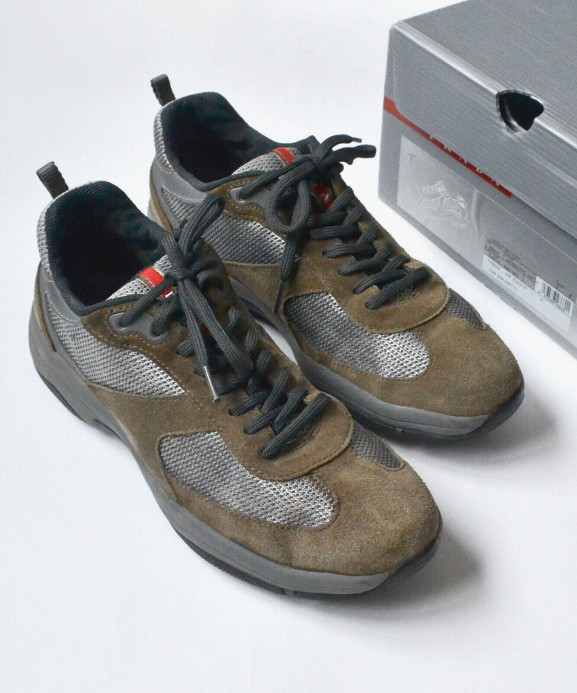 Prada Americas Cup Grey Brown Suede Sneakers Unisex Size 39 US 6 with Red Tab