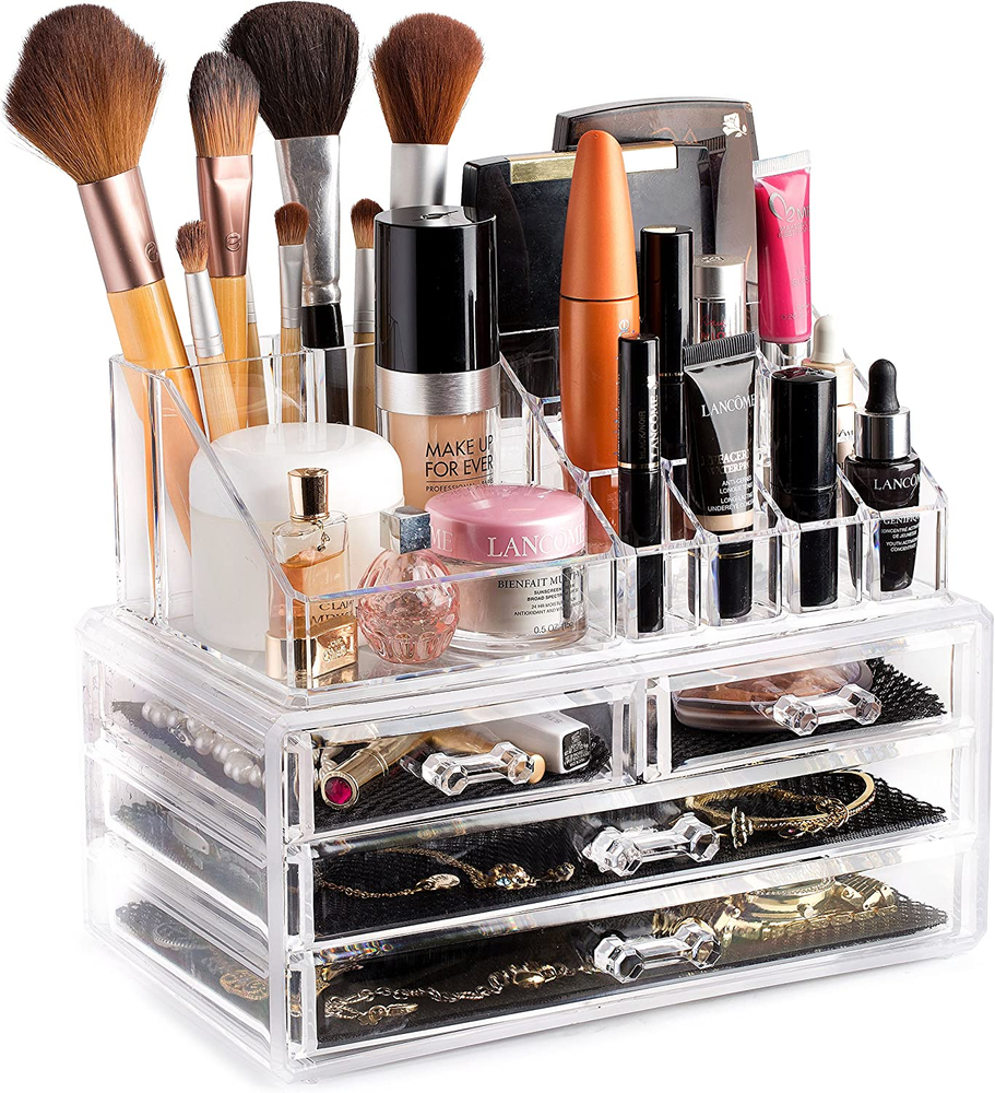Clear Makeup Organizer – 16-Compartment Cosmetic and Jewelry Holder, 4-Drawer Va