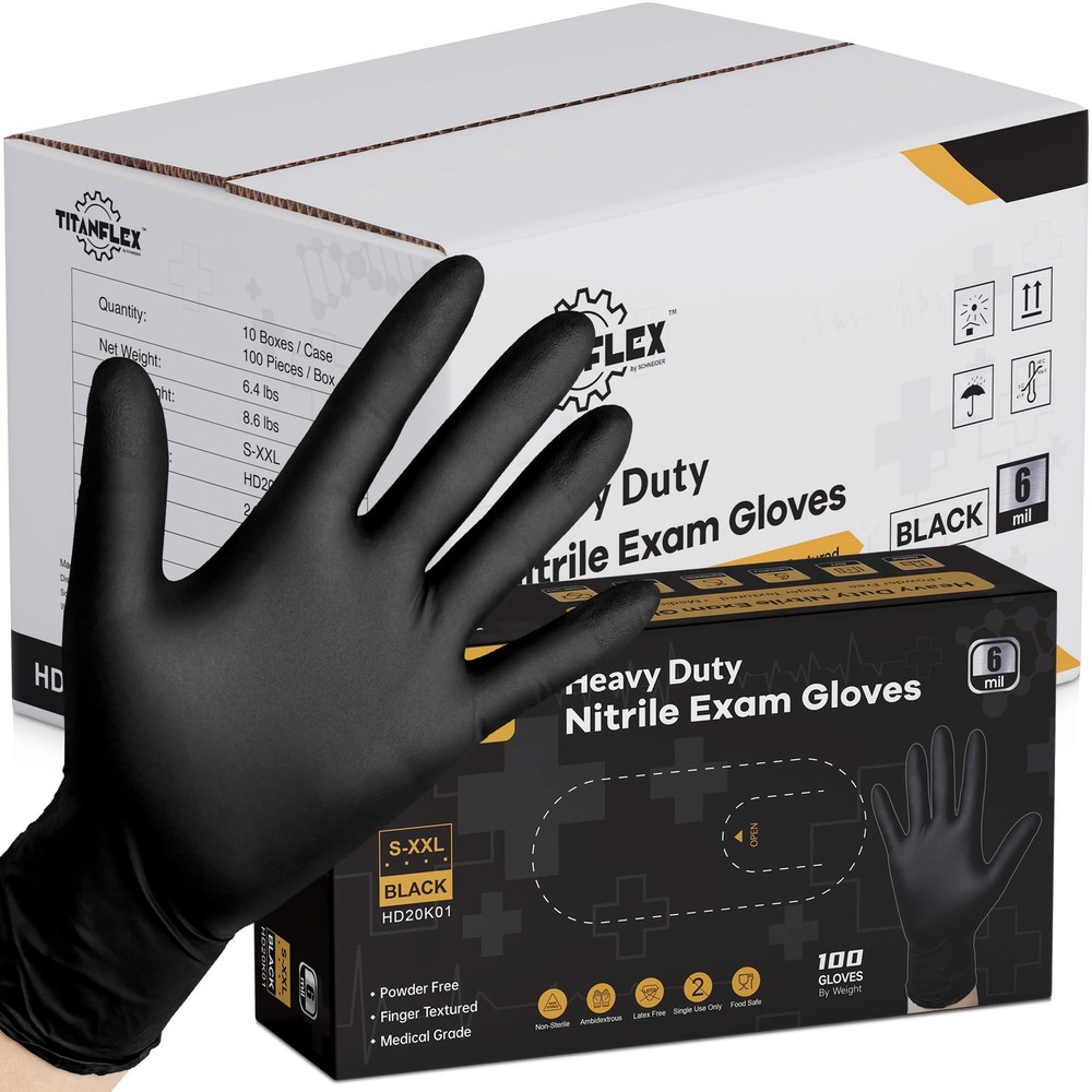 Heavy Duty 6-mil Black Nitrile Exam Gloves XL 1000-ct Case Disposable