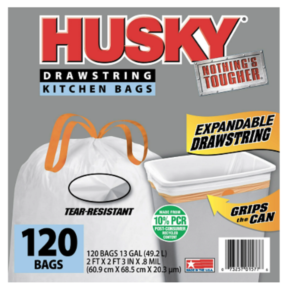 Husky Tall Kitchen White Trash Bags, 13 Gallon, 120 Bags (Expandable Drawstring