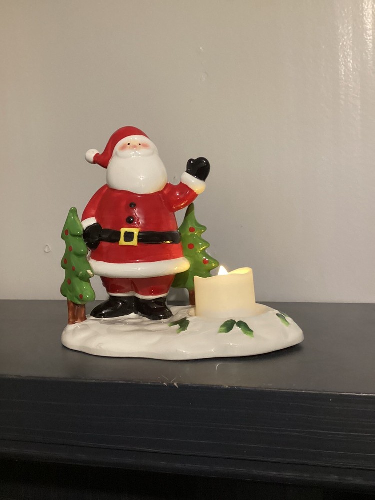Santa Claus and Christmas Tree Ceramic Tea Light Holder 5x6 Inches  