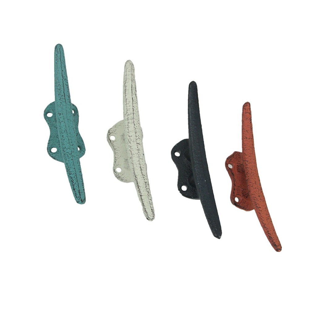 Set of 4 Colorful Coral Coastal Cast Iron Cleat Wall Hooks Drawer Pulls Decor