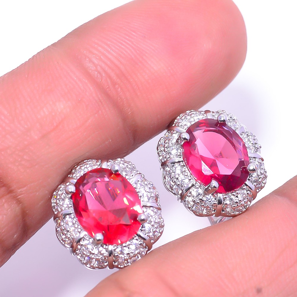 Pink Rubellite Tourmaline & Cubic Zirconia 925 Sterling Silver Earring 0.59