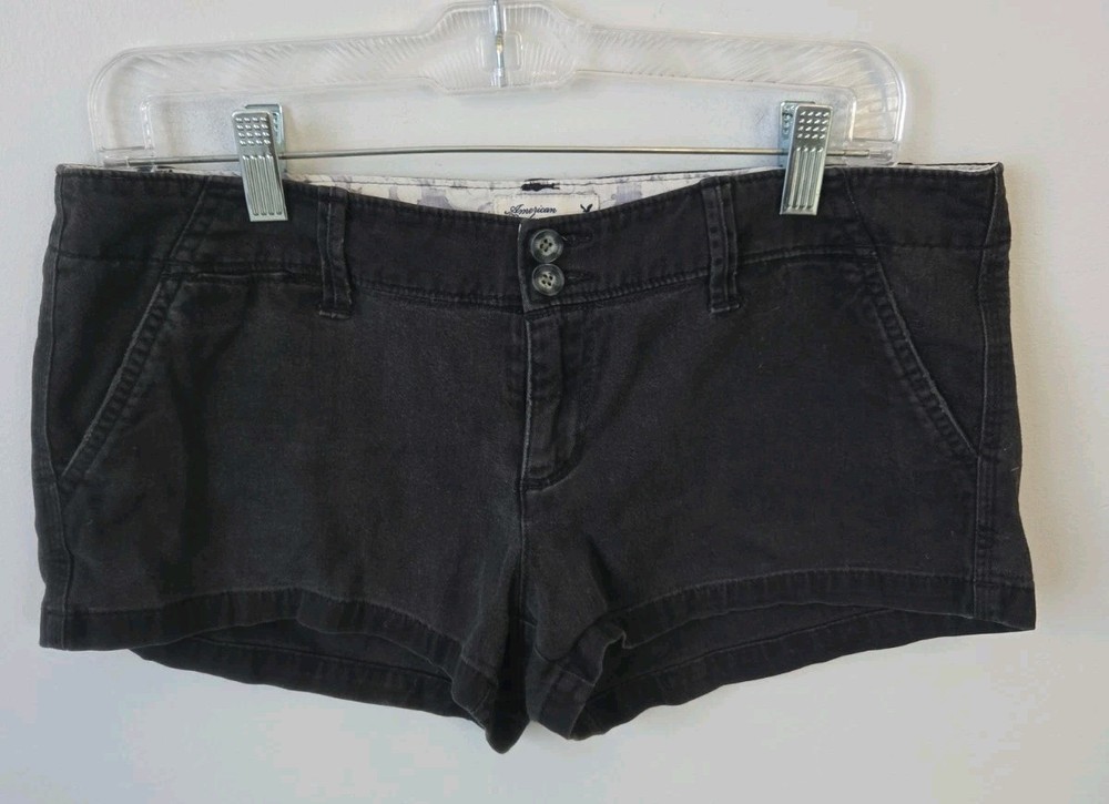 American Eagle Outfitters Stretch Women’s Black Denim Shorts Low Rise Cuffed...