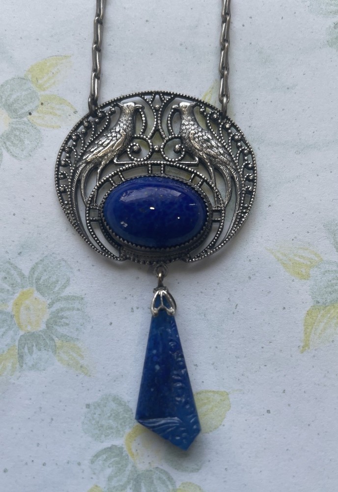 Vintage Necklace 2 Lapis Stones Carved White Metal Peacock 16”