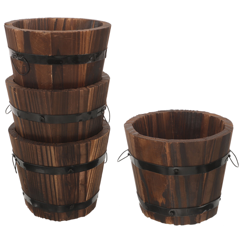 4 Pcs Wooden Planters for Outdoor Garden Flowers Small Barrel Pots