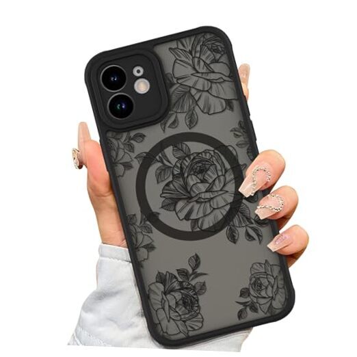for Case [Compatible with MagSafe] Black Flower Floral Pattern iPhone 12