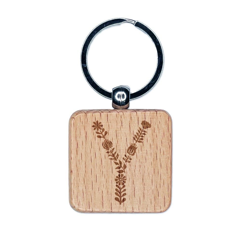 Elegant Floral Engraved Wooden Keychain Charm with Letter Y  