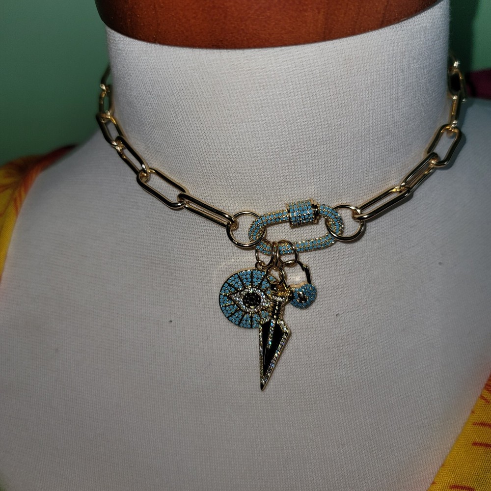 Gold Paper Clip Crystal Carabiner Charm Necklace Aruba Blue Lucky Evil Eye