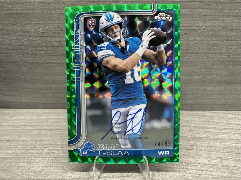 2025 Topps Chrome Football Isaac Teslaa Green Geometric On-Card Auto /99