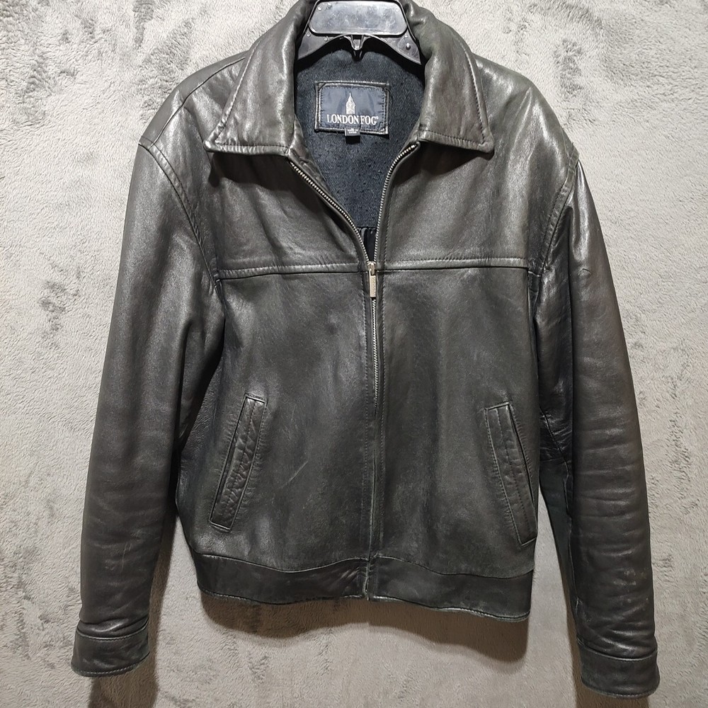 Black Leather London Fog Bomber Jacket for Men, Medium, Full Zip Motorcycle Style