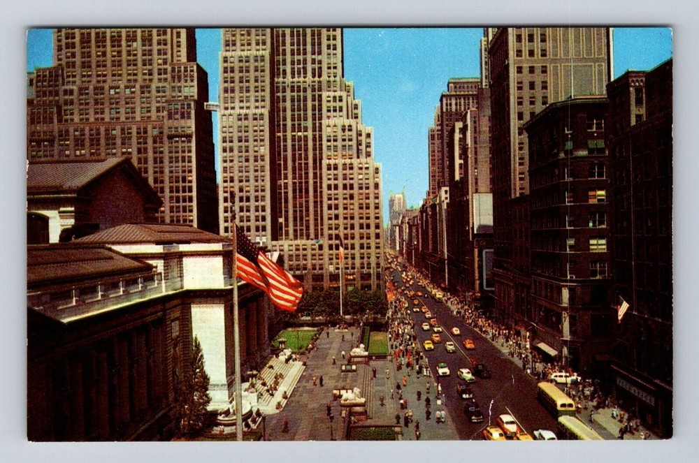 New York City NY-Looking Up Fifth Avenue, Public Library, Vintage Postcard