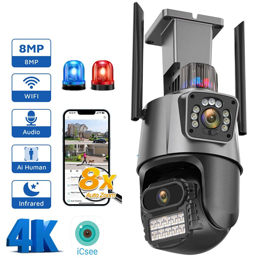 8MP 4K Wifi Security Camera Dual Lens 1-8X Zoom Outdoor PTZ IP Cam Night Vision