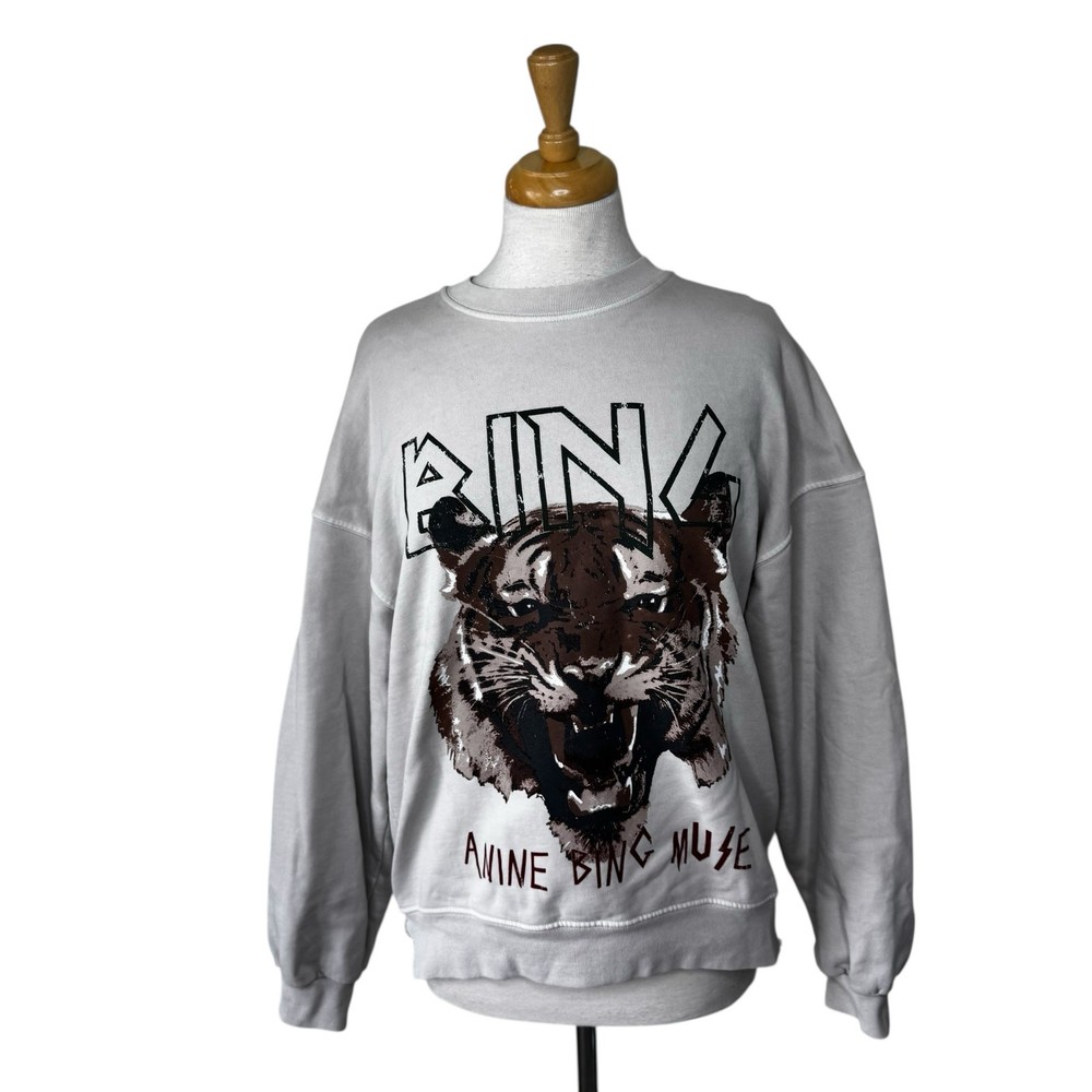 ANINE BING Tiger Graphic Sweatshirt Organic Cotton Stone Size Large
