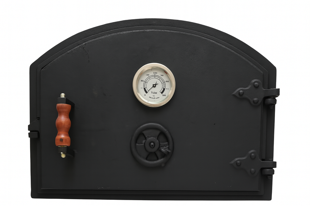 Cast Iron Pizza Oven Door with Thermometer & Wooden Handle for Clay Ovens