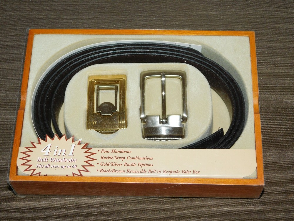 BIG & TALL MENS GIFT BLACK/BROWN BELT W/ GOLD/SILVER BUCKLE in OAK VALET BOX NEW