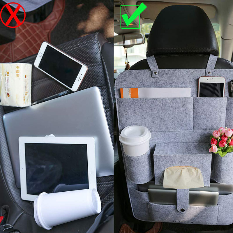 Light Gray Felt Car Seat Headrest Storage Organizer Bag Anti-kick Mat Paper Box
