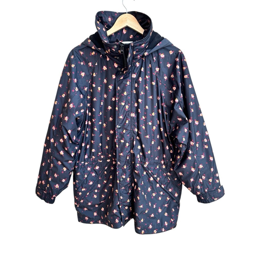 CAbi Rainy Day Jacket Black Pink Floral Print Hooded Womens Size L 4115