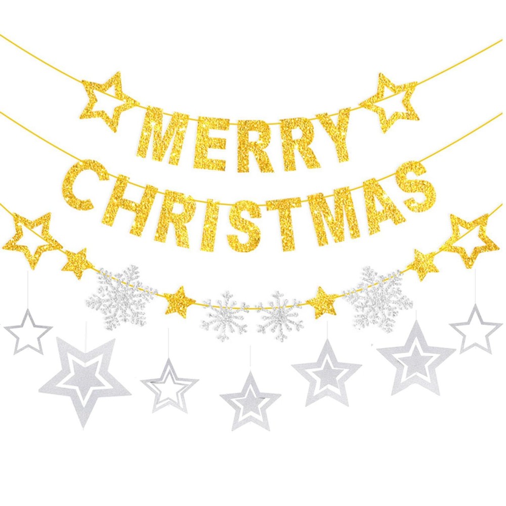 Merry Christmas Banner Christmas Hanging Star Decorations - Gold Christmas Ba...