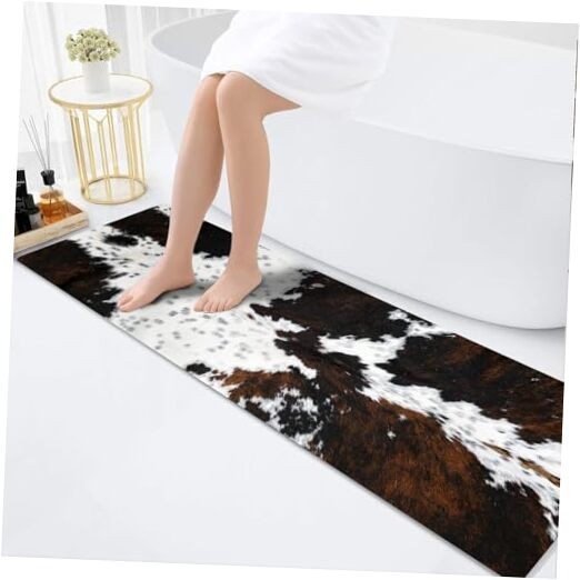 Cowhide Cow Print Long Bath Mat 20x63inch, Western Bathroom Runner Rug for