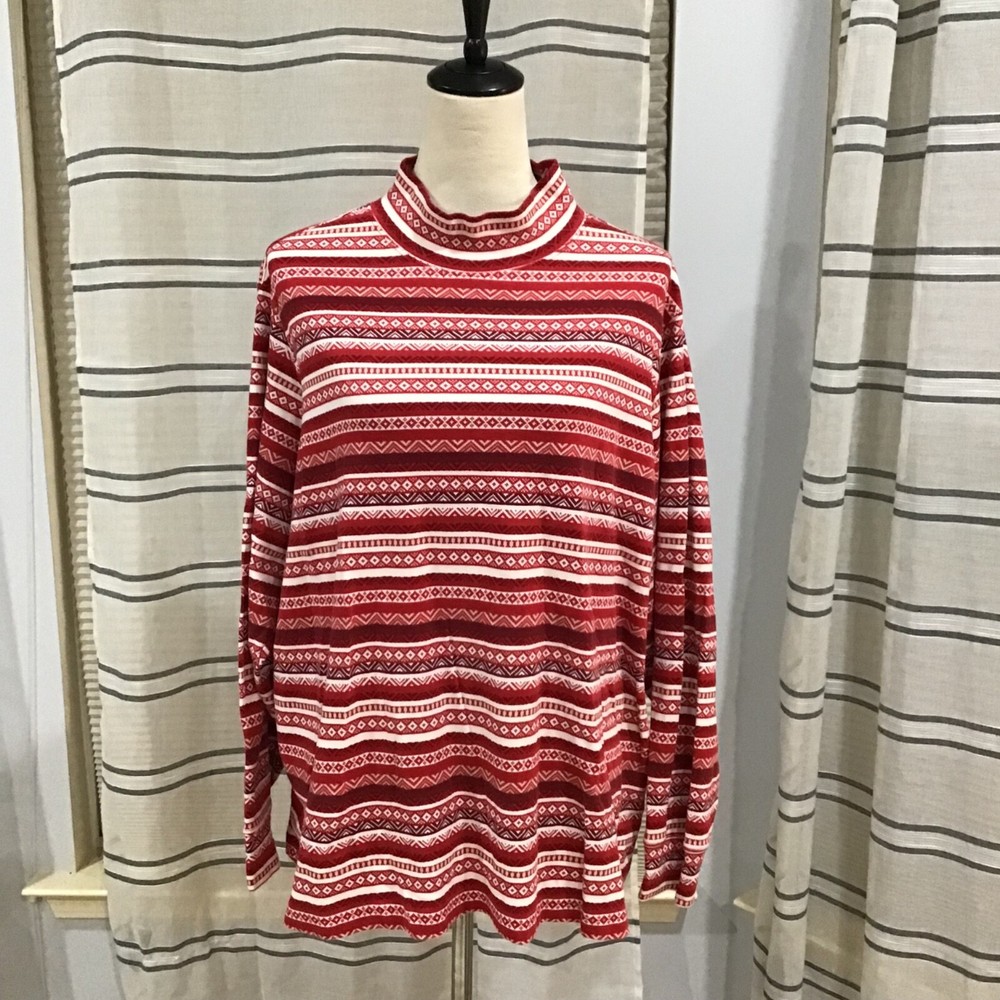 Lands End Womens 3X Relaxed Fit Fair Isle Mock Neck Holiday Red Striped Top