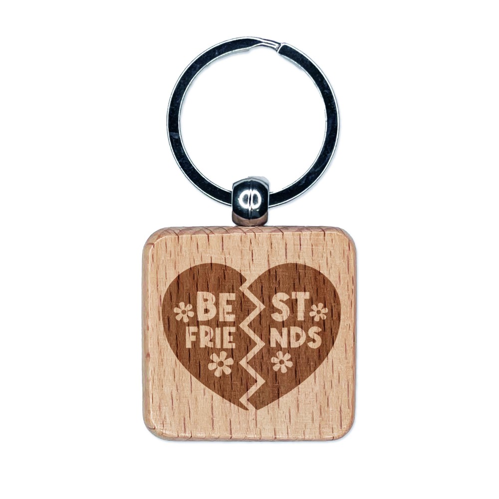 Best Friends Heart Valentine's Day Engraved Wood Square Keychain Tag Charm