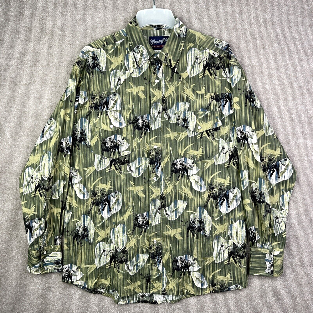 Vintage Wrangler Mens Large 35 165 XL Pearl Snap Rodeo Shirt Long Tails