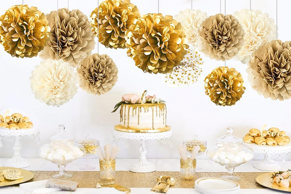 Gold White Party Decorations,12Pcs Hanging Tissue Paper Pom Poms,Pompoms Flow...