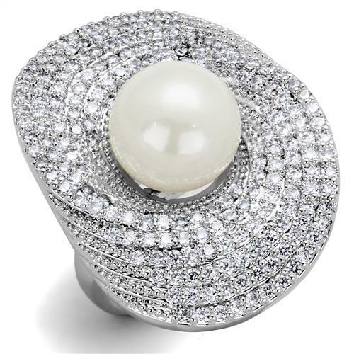 Ladies cocktail ring silver cz pearl rhodium big sparkling statement new 1082
