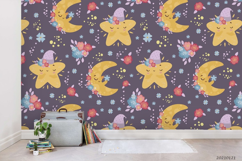 3D Moon Stars Flowers Cartoon Pattern Wall Murals Wallpaper Murals Wall Sticker