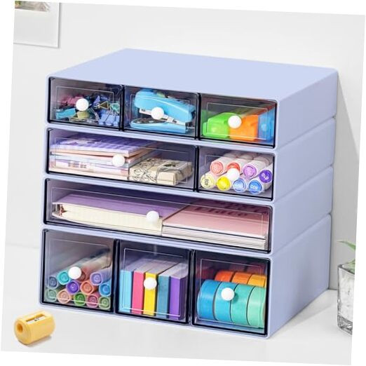 Desk Organizer with 9 Drawers, 4 Tier Plastic Stackable Storage Drawers for
