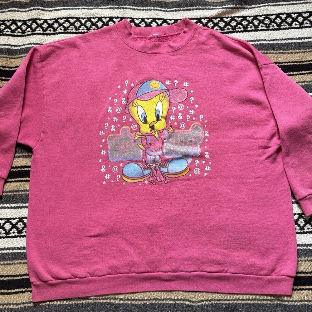 Tweety Bird Looney Tunes Pink Vintage Sweatshirt Size XL Was Up Graphic Fair