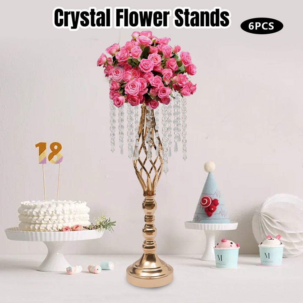 6pcs Crystal Flower Stands Gold Flower Holders Vases Wedding Dinning Table Decor