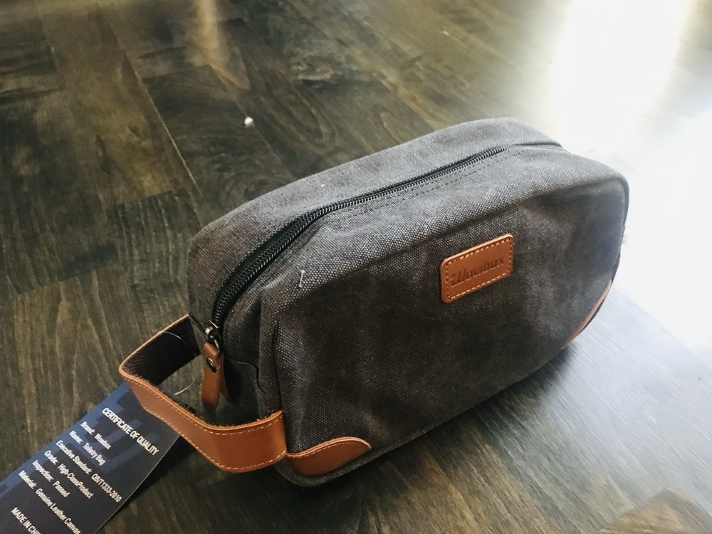 Canvas & Leather Trim Travel Toiletry Dopp Kit in Gray
