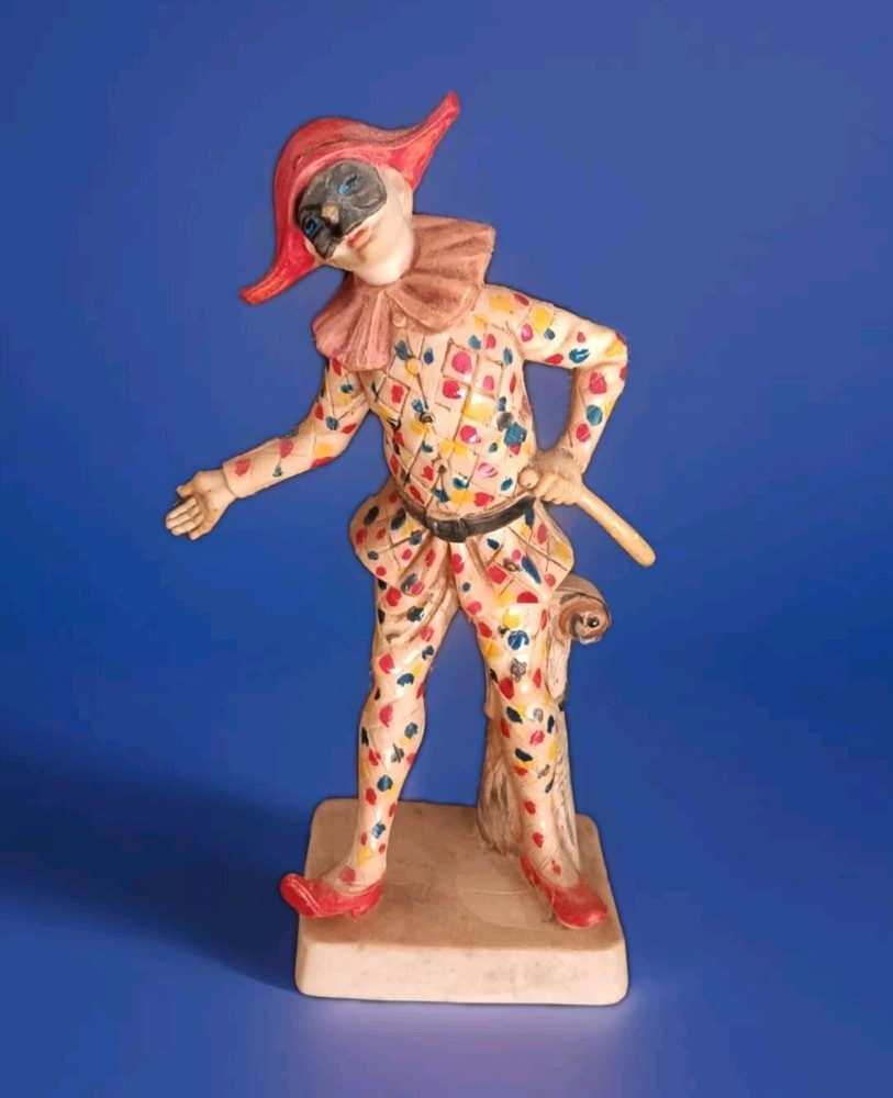 Vintage Mid-Century Italian Harlequin Jester Resin Figurine 7.5 Inch Made in Italy