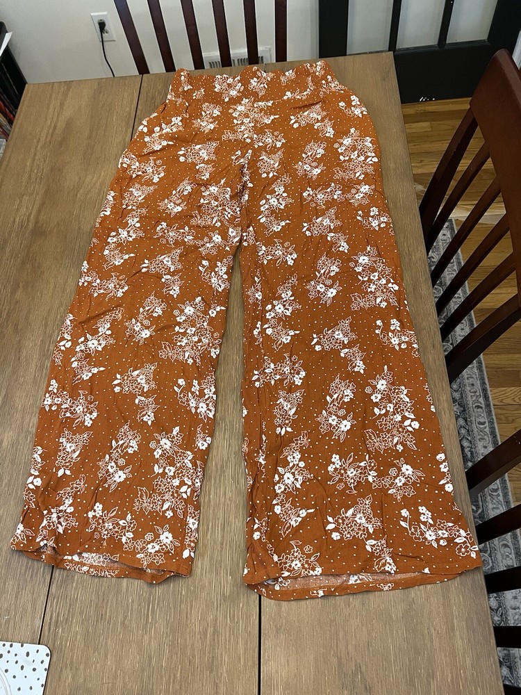 Three Dots Womens Sz Large Boho Style Casual Pants, Burnt Orange W/Flowers