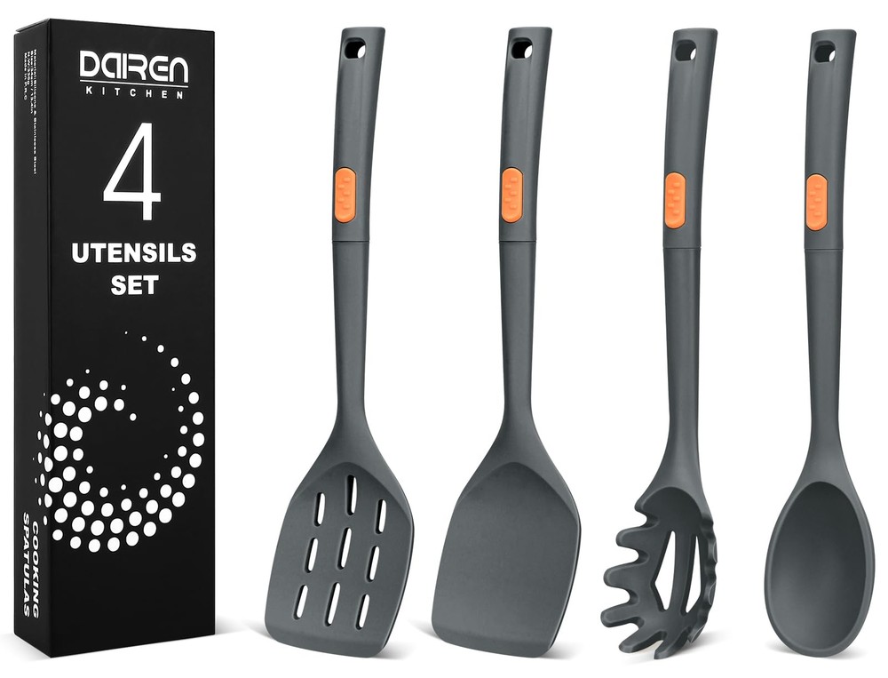 Silicone Cooking Spatulas and Spaghetti Spoons, 4 Pack Heat Resistant Full Si...