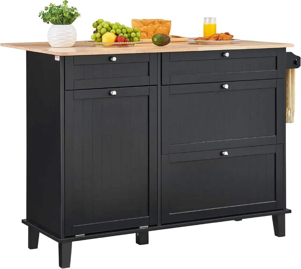 Kitchen Island Cart Wood Top Breakfast Bar with Trash Cabinet Storage