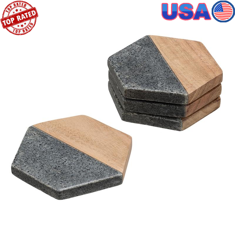 Wood Stone Coaster Set 4-Piece Modern Hexagonal Design Natural Material New