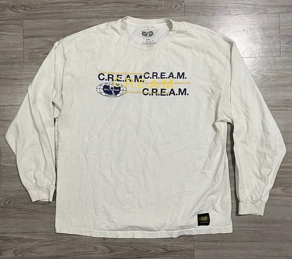 Wu-Tang Clan C.R.E.A.M Embroidered Long Sleeve Rap Shirt XXL White Vintage