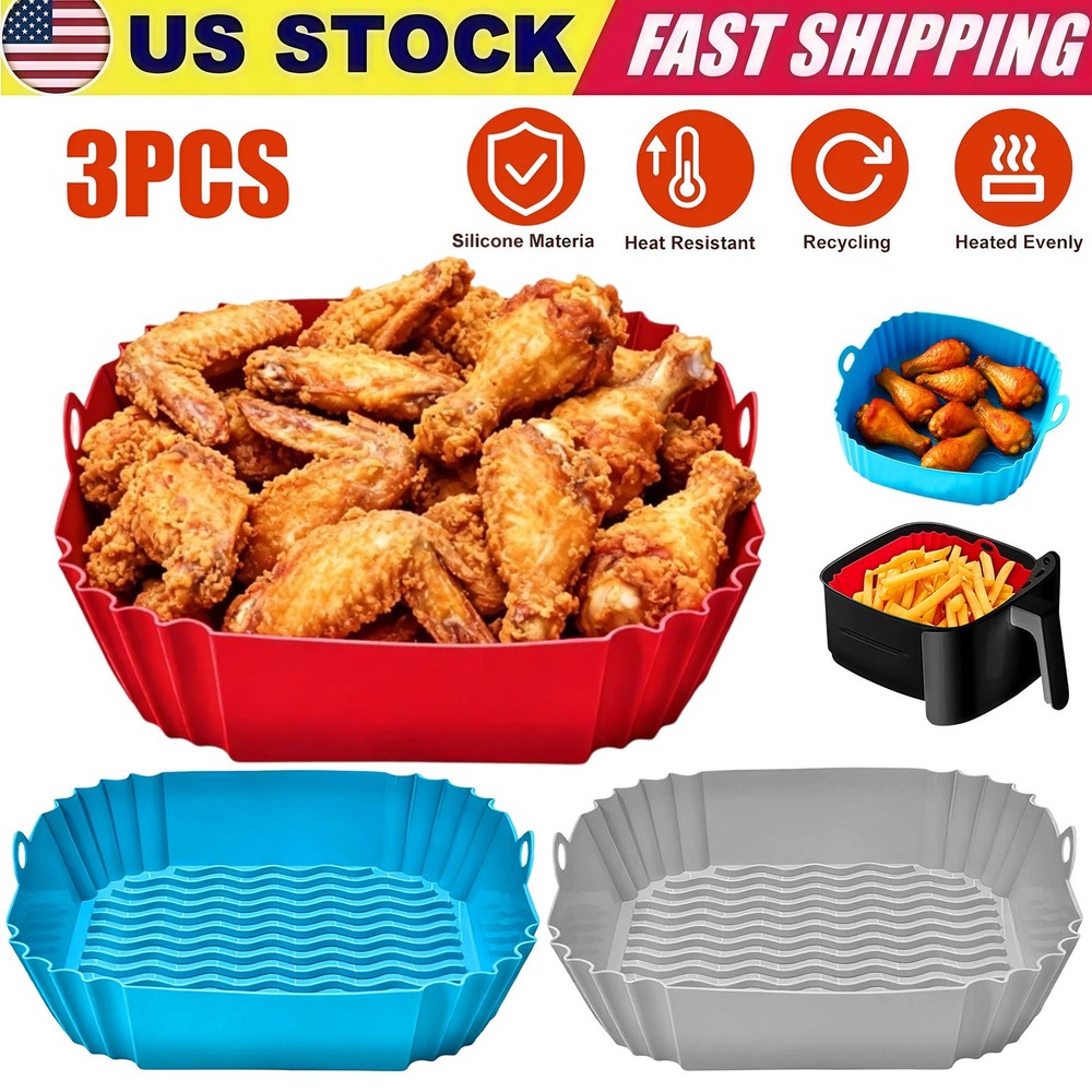 3pcs Silicone Air Fryer Pot Tray Reusable Square Liner Oven Baking Pad Basket
