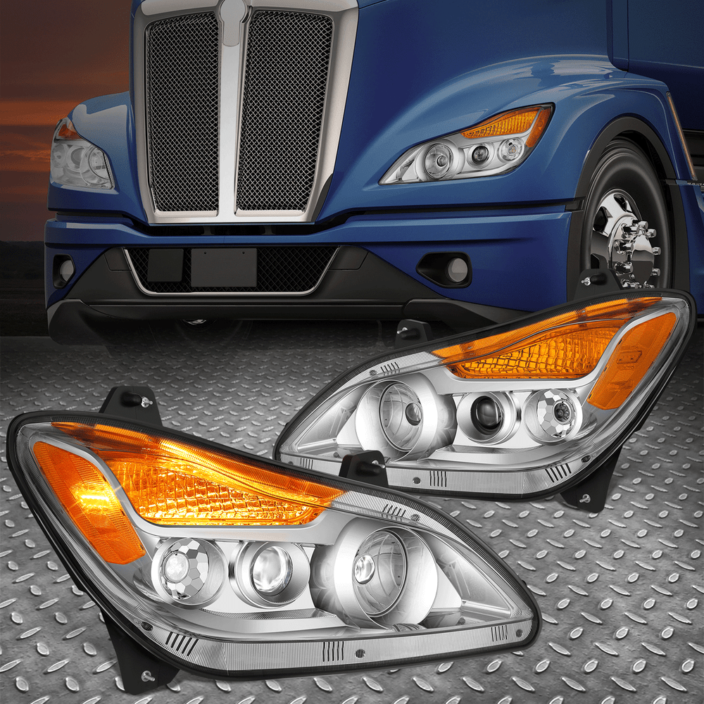Chrome Amber Full LED Projector Headlight Lamps for 22-25 Kenworth T680 Next Gen