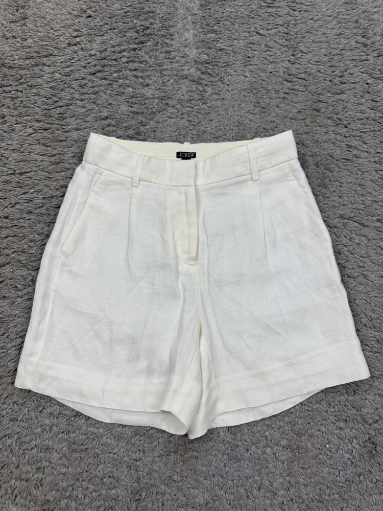 J Crew Shorts Women 0 White Linen Blend Pleated High Rise Preppy Beachy Chino